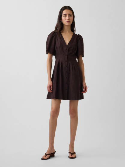Linen-Blend Cinched Mini Shirtdress - Terra brown