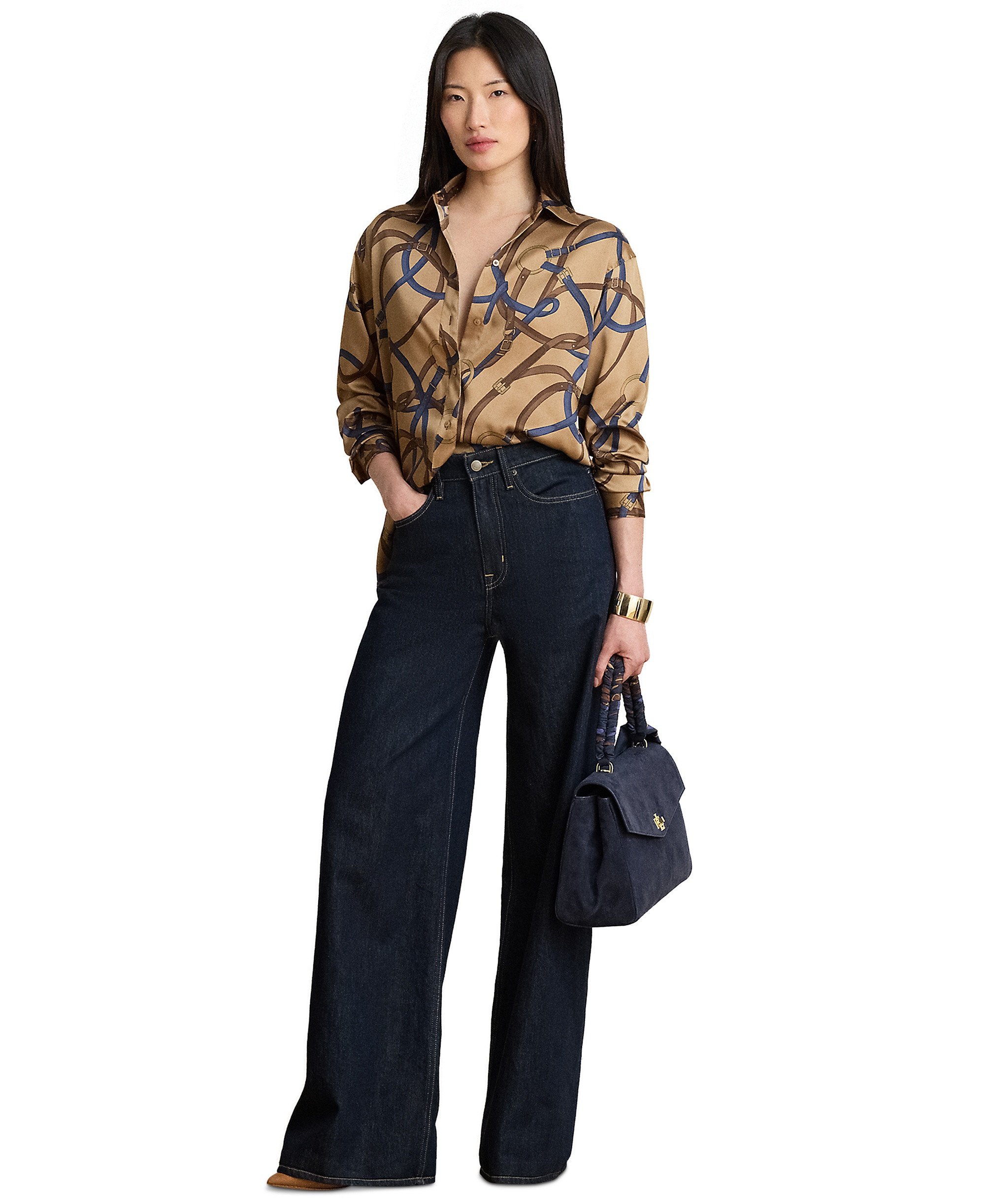Lauren Ralph Lauren Women's Belting Print Collared Shirt - Camel Multi