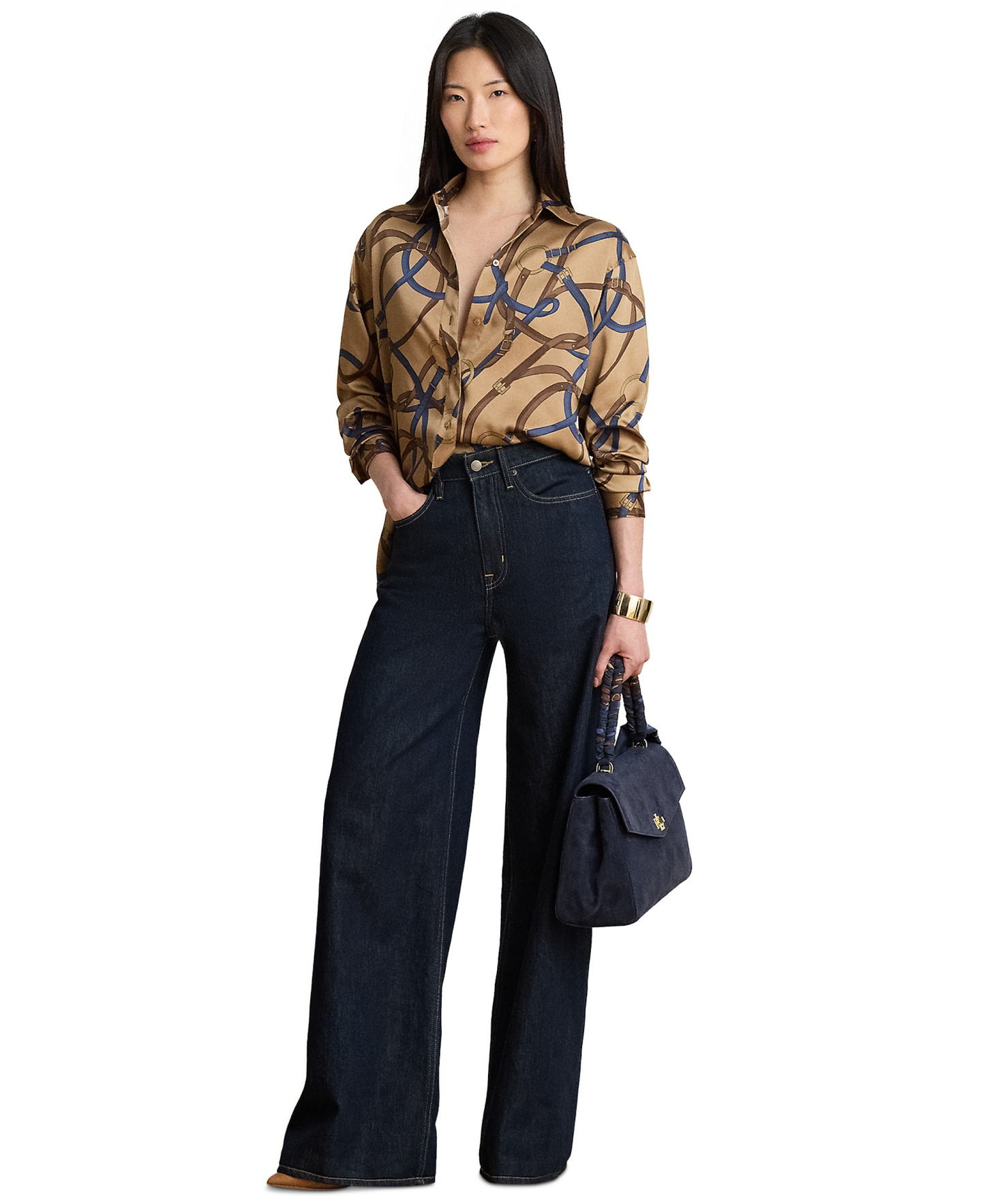 Lauren Ralph Lauren Women's Belting Print Collared Shirt - Camel Multi