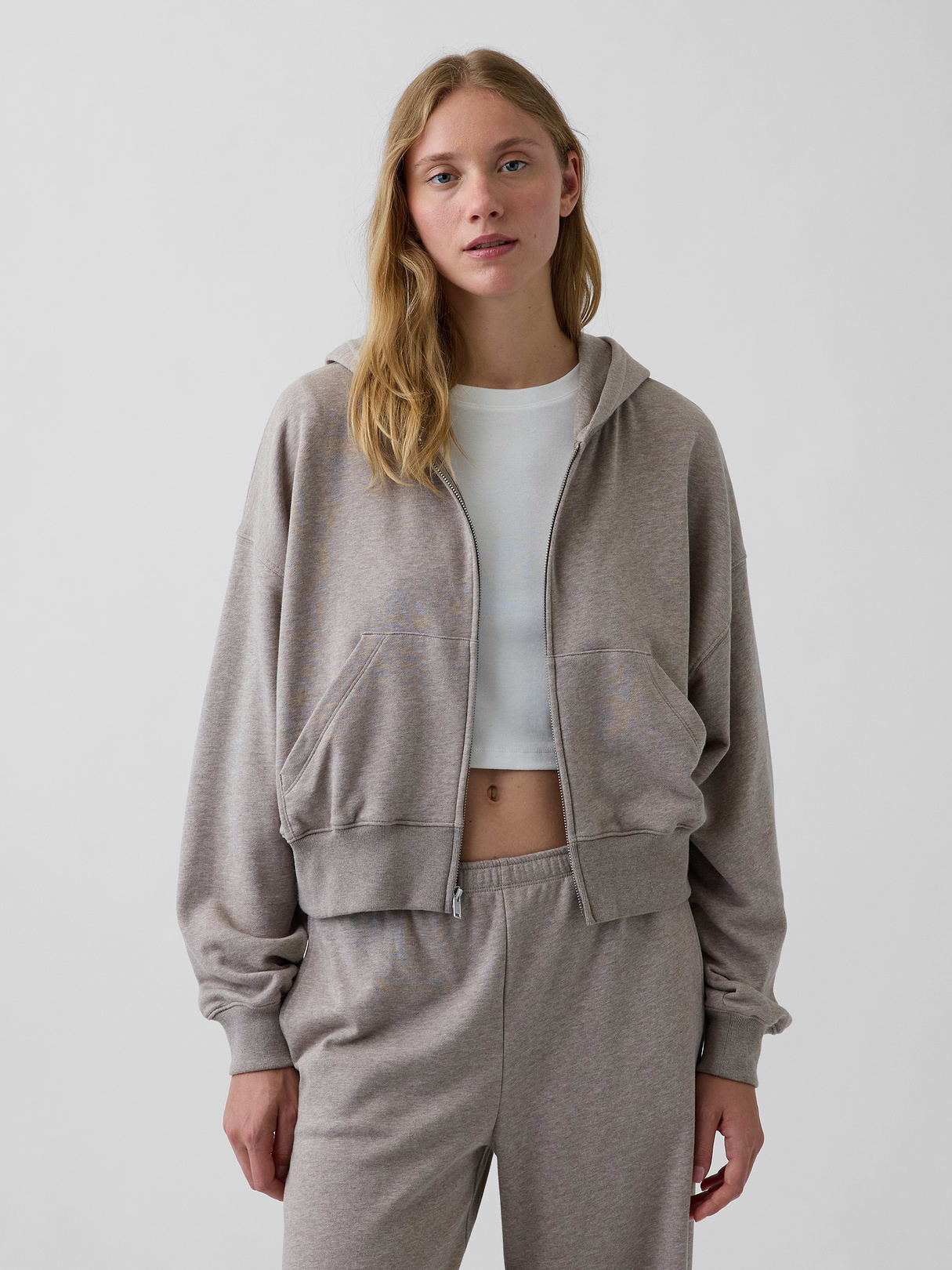 VintageSoft Terry Oversized Wedge Zip Hoodie - Light brown