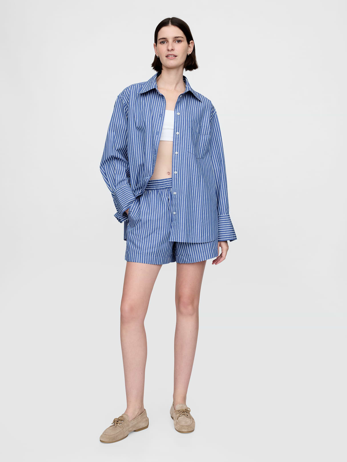 Organic Cotton Poplin Stripe Big Shirt - Blue stripe