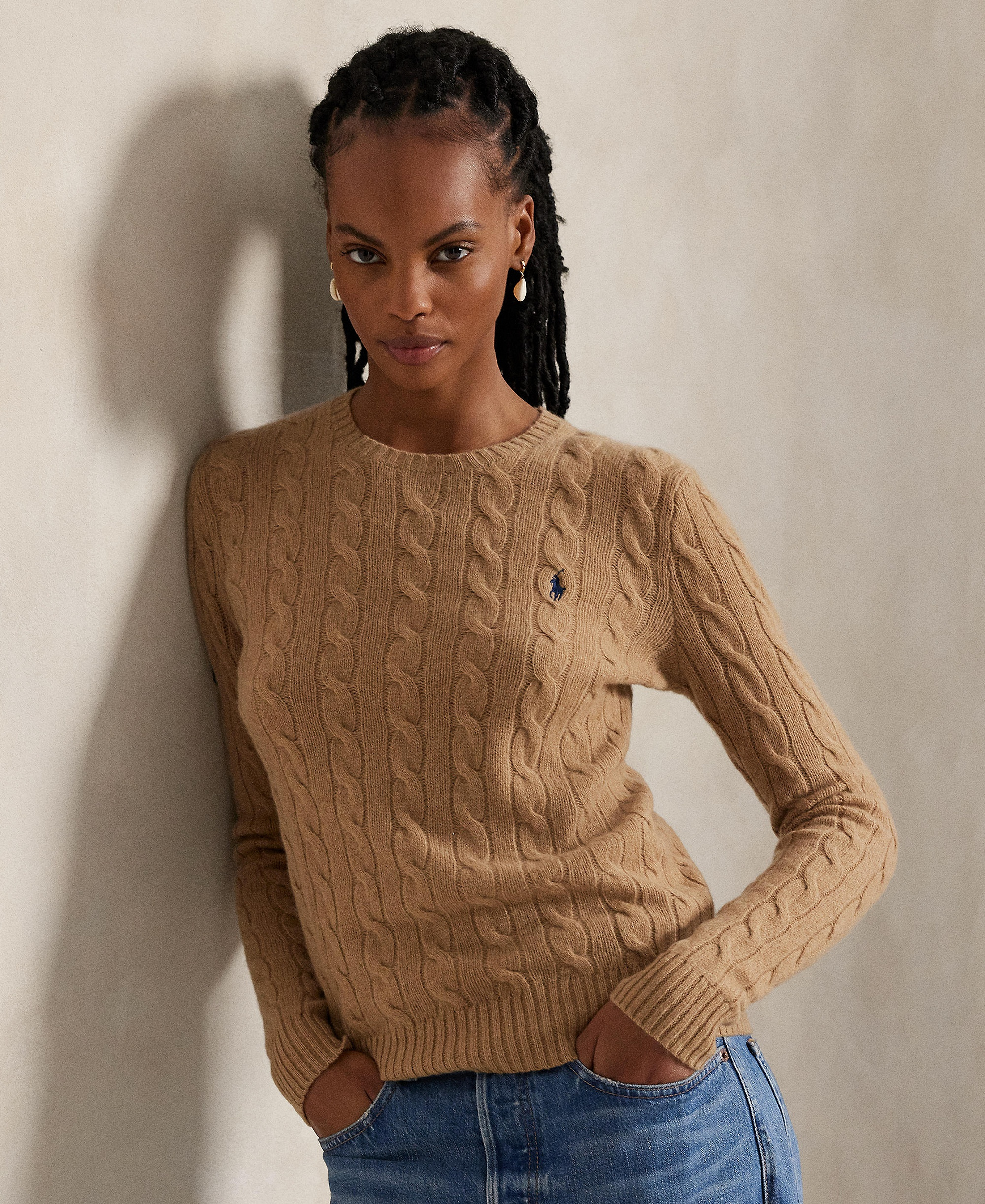 Polo Ralph Lauren Women's Cable Wool-Cashmere Crew Neck Sweater - Collection Camel Melange