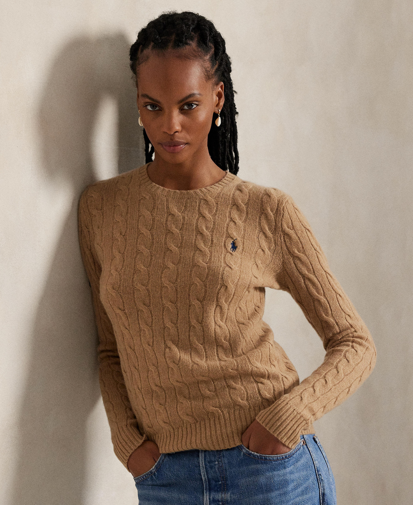 Polo Ralph Lauren Women's Cable Wool-Cashmere Crew Neck Sweater - Collection Camel Melange