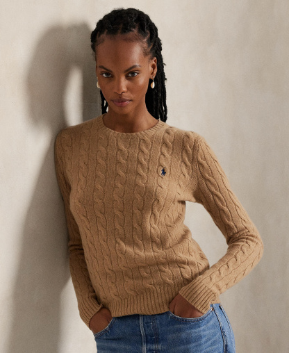 Polo Ralph Lauren Women's Cable Wool-Cashmere Crew Neck Sweater - Collection Camel Melange