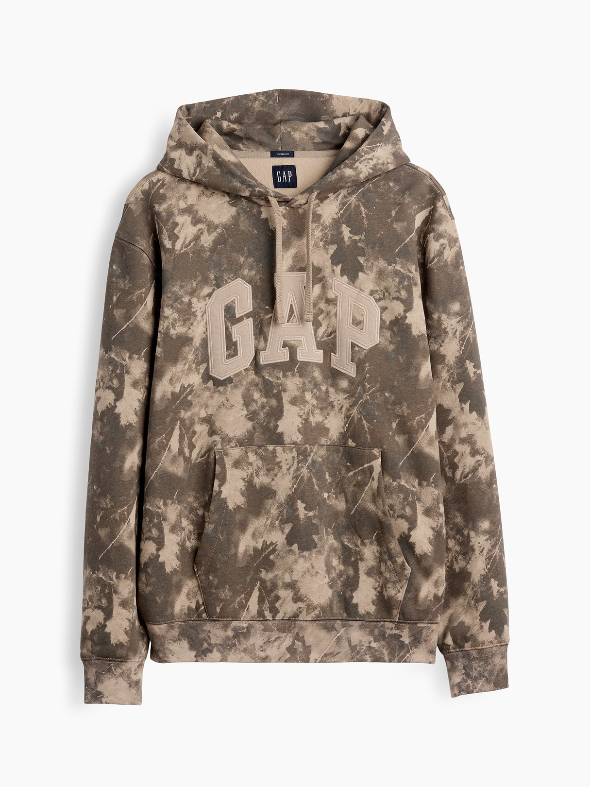 Adult VintageSoft Arch Logo Hoodie - Khaki tan leaf print