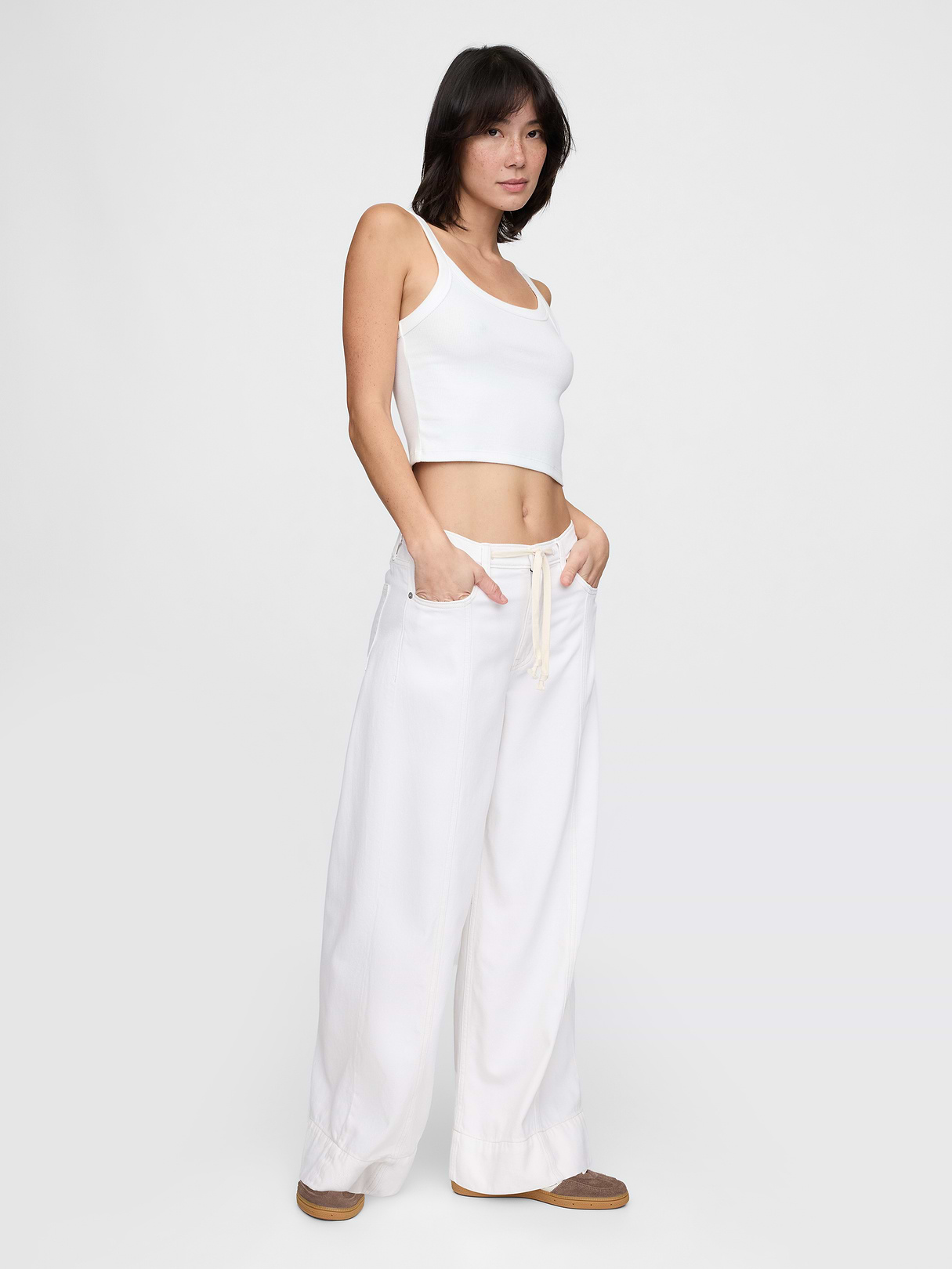 Mid Rise Denim Stripe Baggy Jeans - Optic white