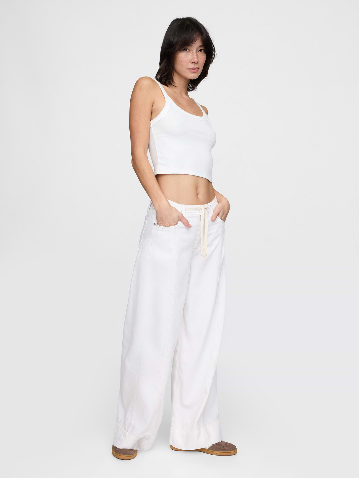 Mid Rise Denim Stripe Baggy Jeans - Optic white