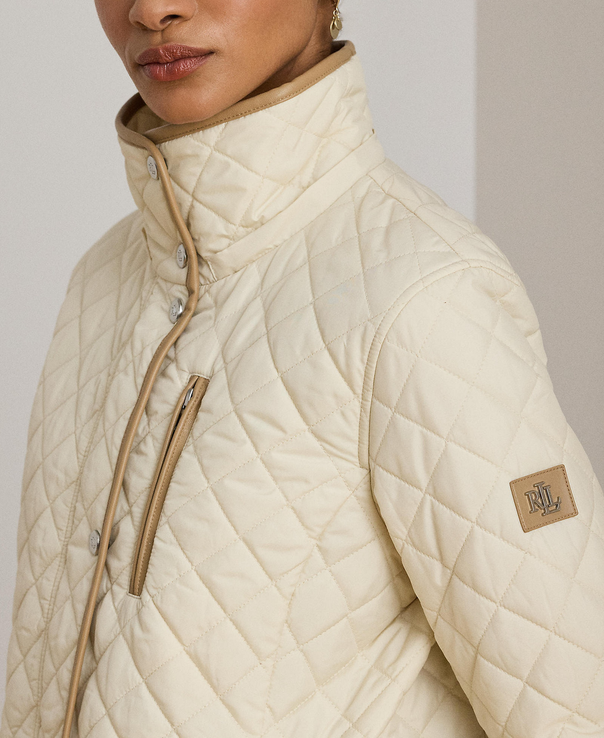 Lauren Ralph Lauren Womens Hooded Quilted Faux-Suede-Trim Coat - Moda cream