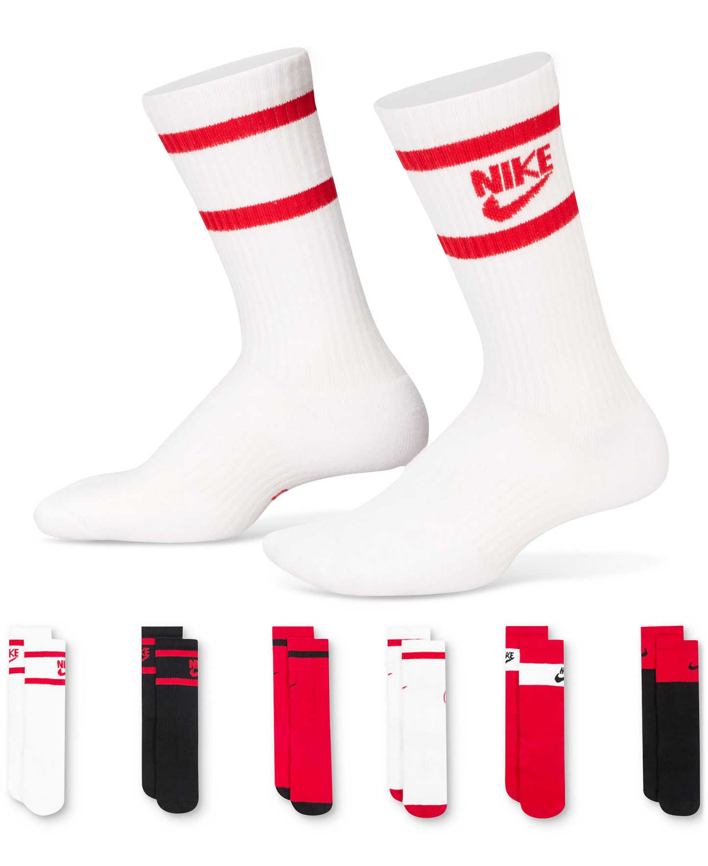 Nike Big Kids Everyday Cushioned Crew Socks, Pack of 6 - Multicolor Red