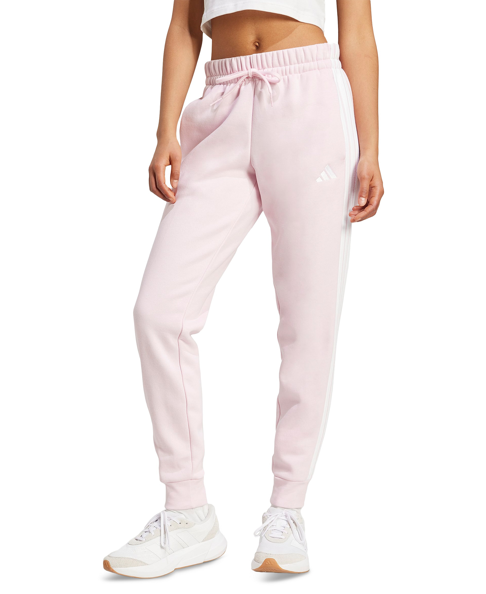 adidas Women's Essentials Three Stripes Fleece Slim Pants - Clear Pink/White