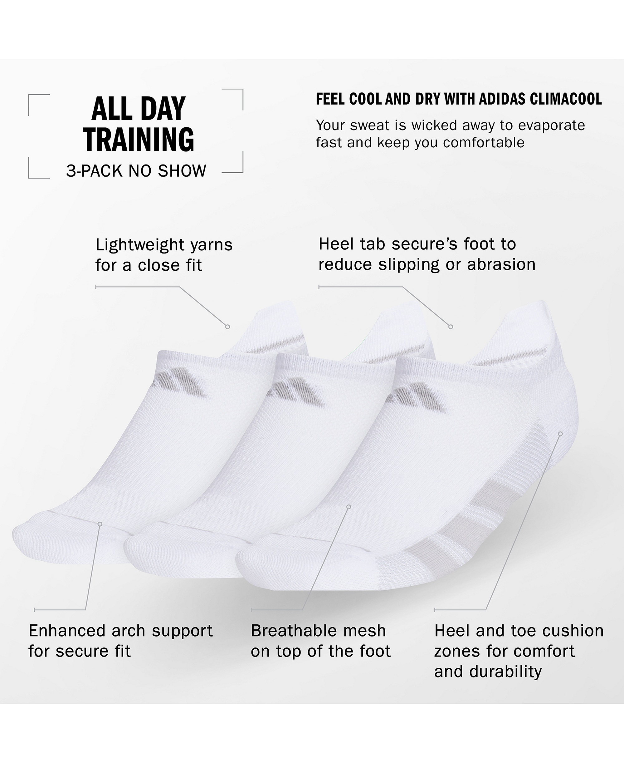 adidas Women's 3-Pk. All Day Training No Show Socks - White/clear Onix Grey/clear Grey