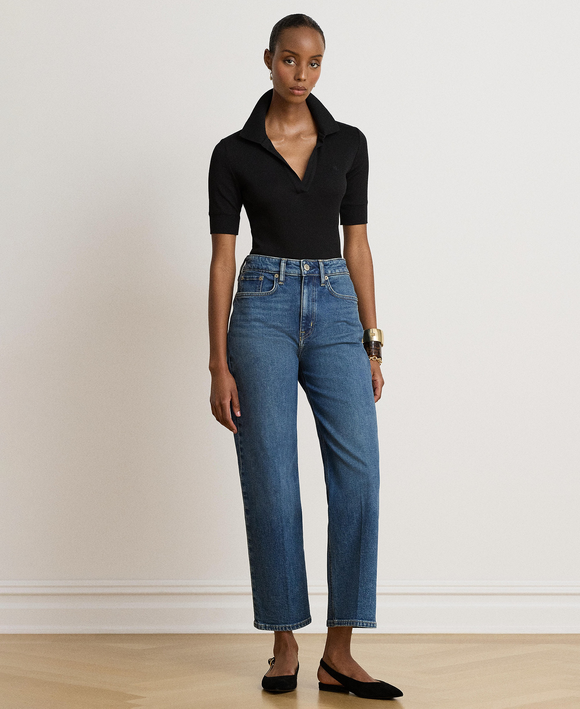 Lauren Ralph Lauren Women's Jersey Short-Sleeve Collared Top - Black