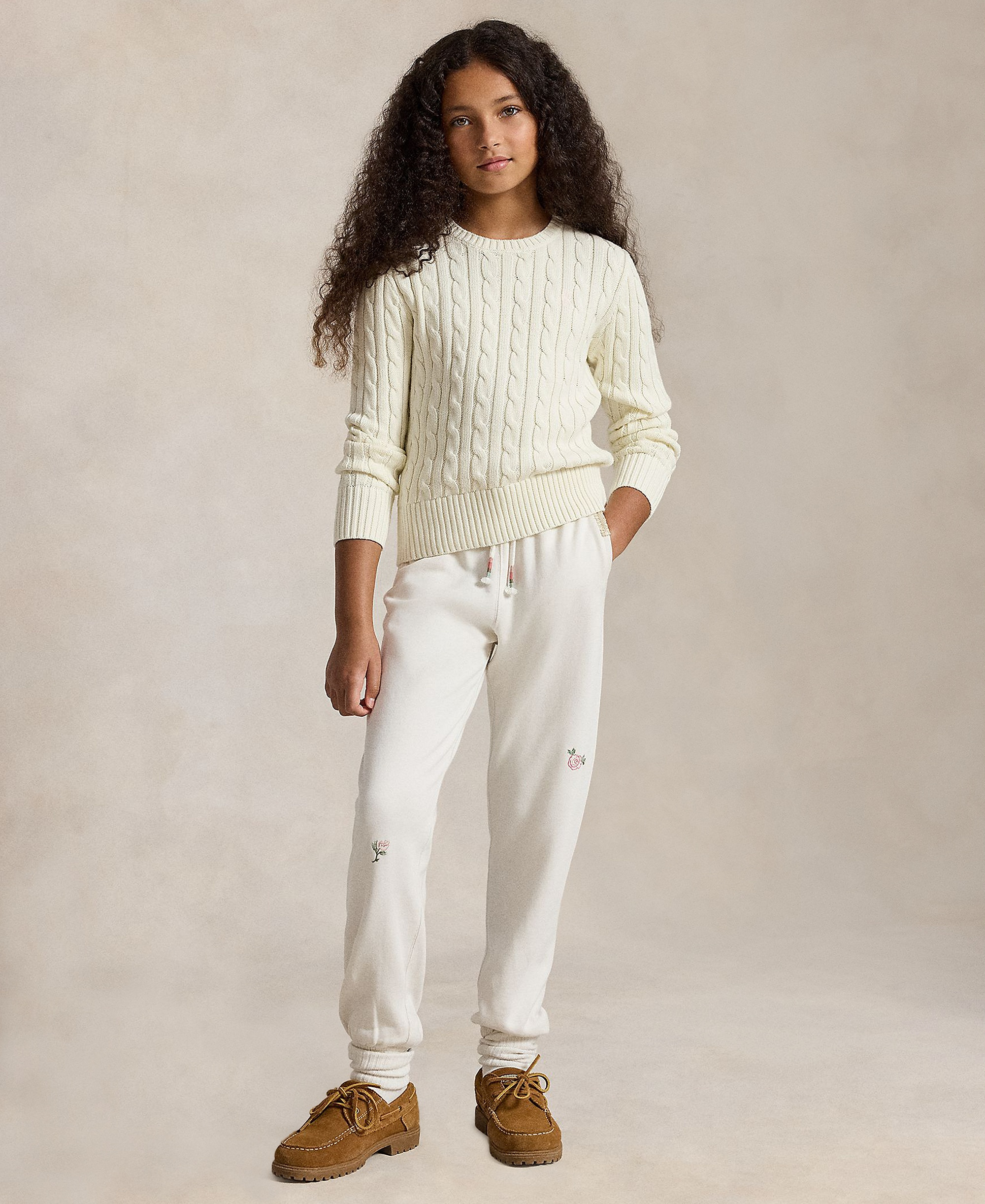Polo Ralph Lauren Girls' 7-16 Cable-Knit Long Sleeves Sweater - Warm White W/Hint Of Pink