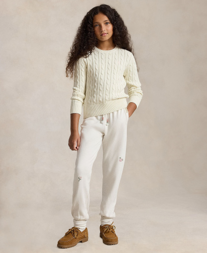 Polo Ralph Lauren Girls' 7-16 Cable-Knit Long Sleeves Sweater - Warm White W/Hint Of Pink