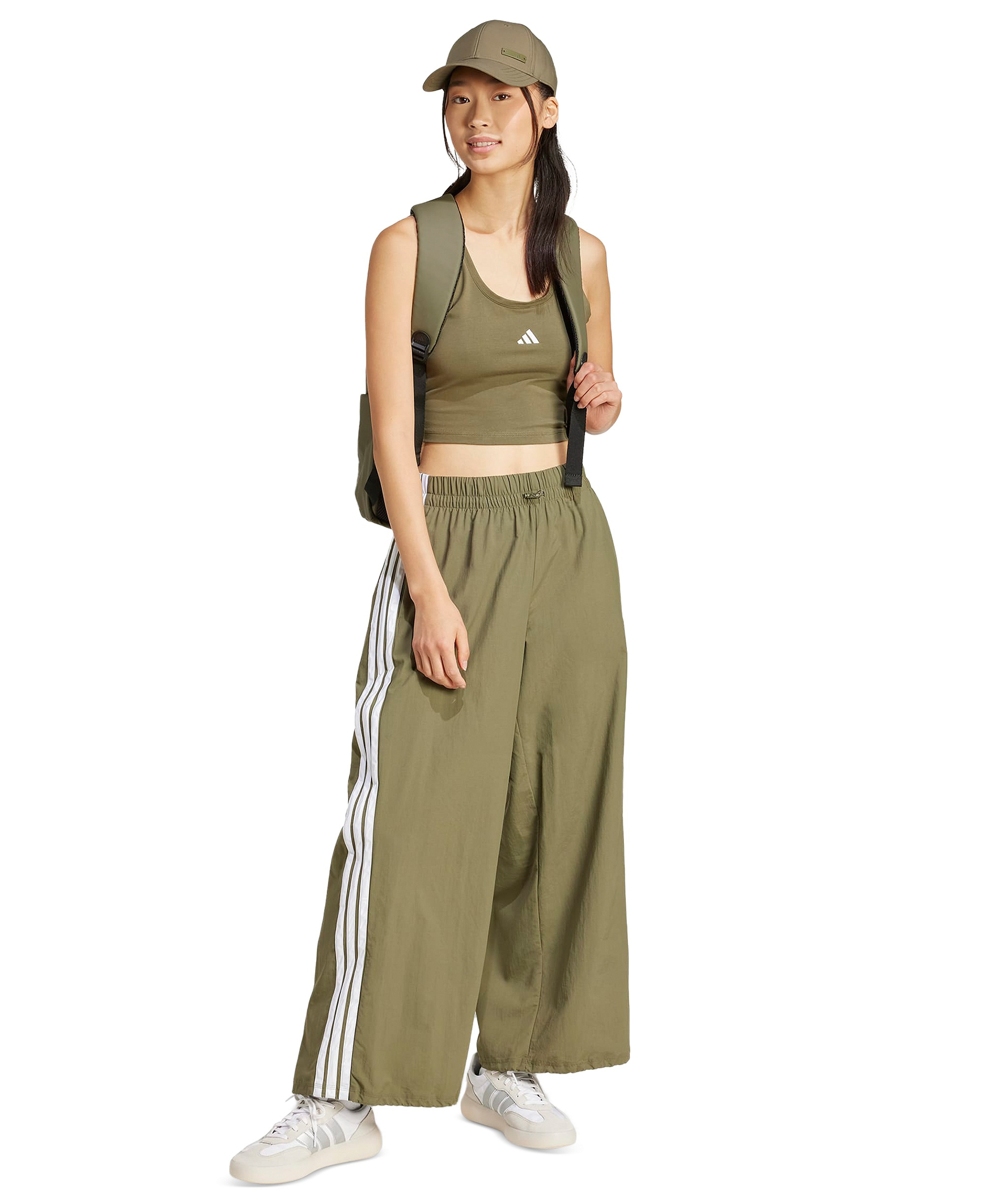 adidas Women's Three Stripe Parachute Pants - Dark Green