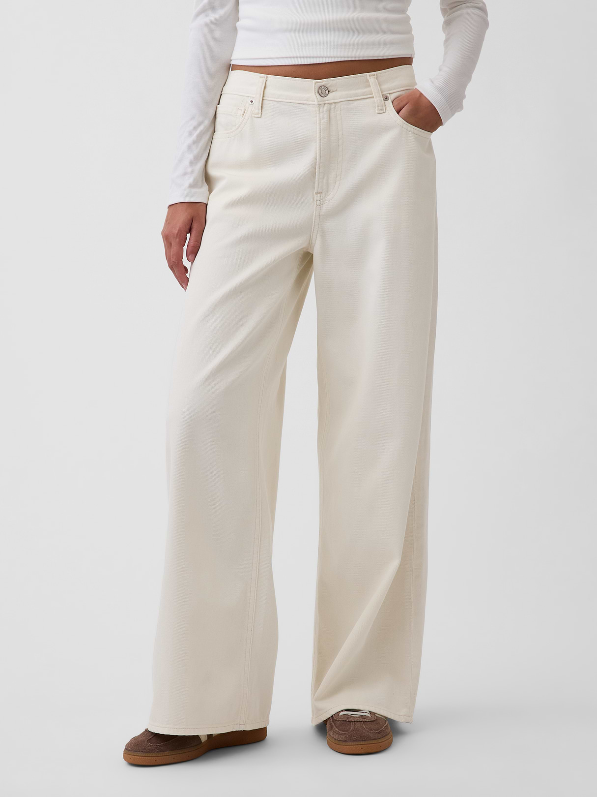 Mid Rise Denim Stripe Baggy Jeans - Ecru beige