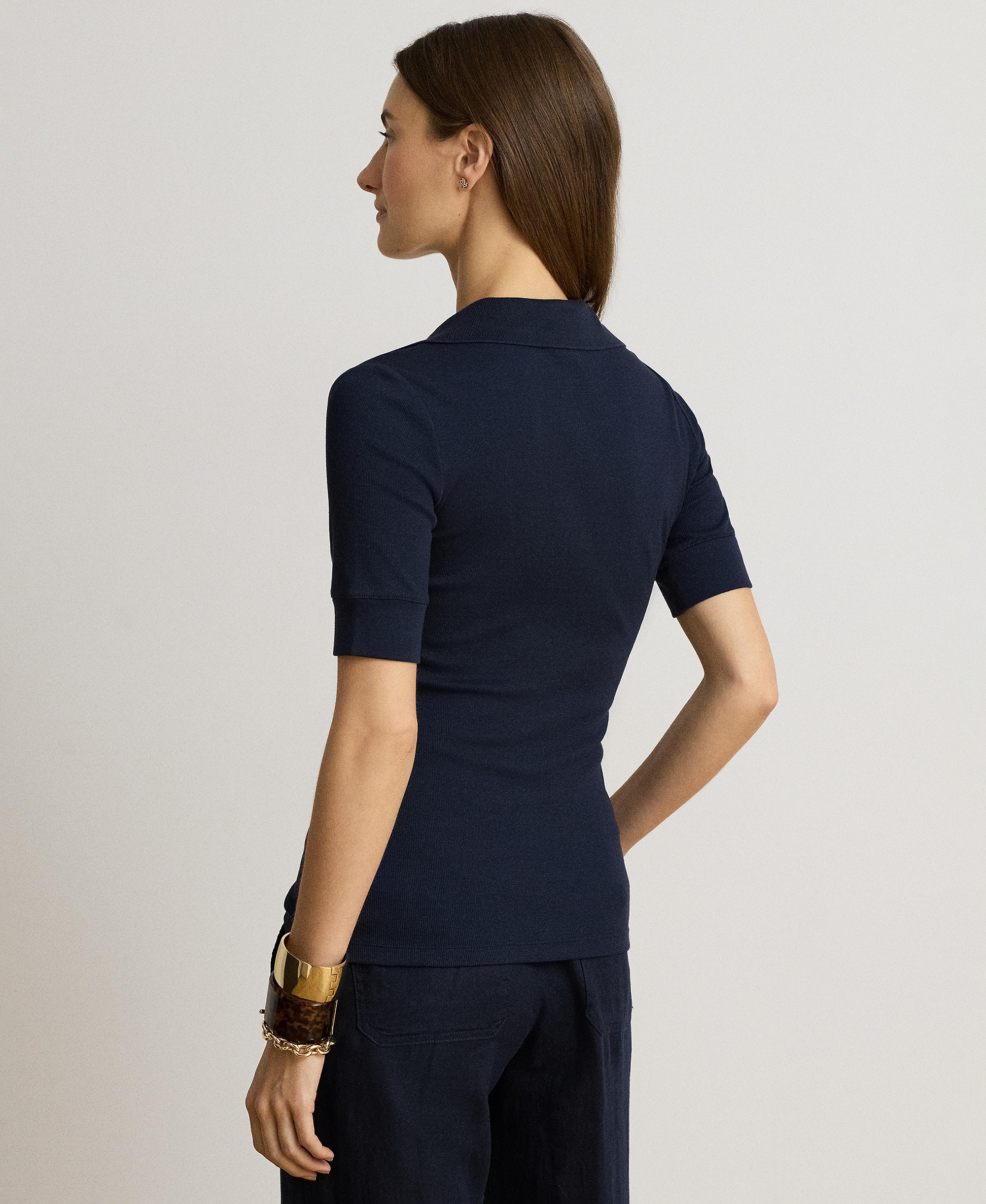 Lauren Ralph Lauren Women's Jersey Short-Sleeve Collared Top - Lauren Navy