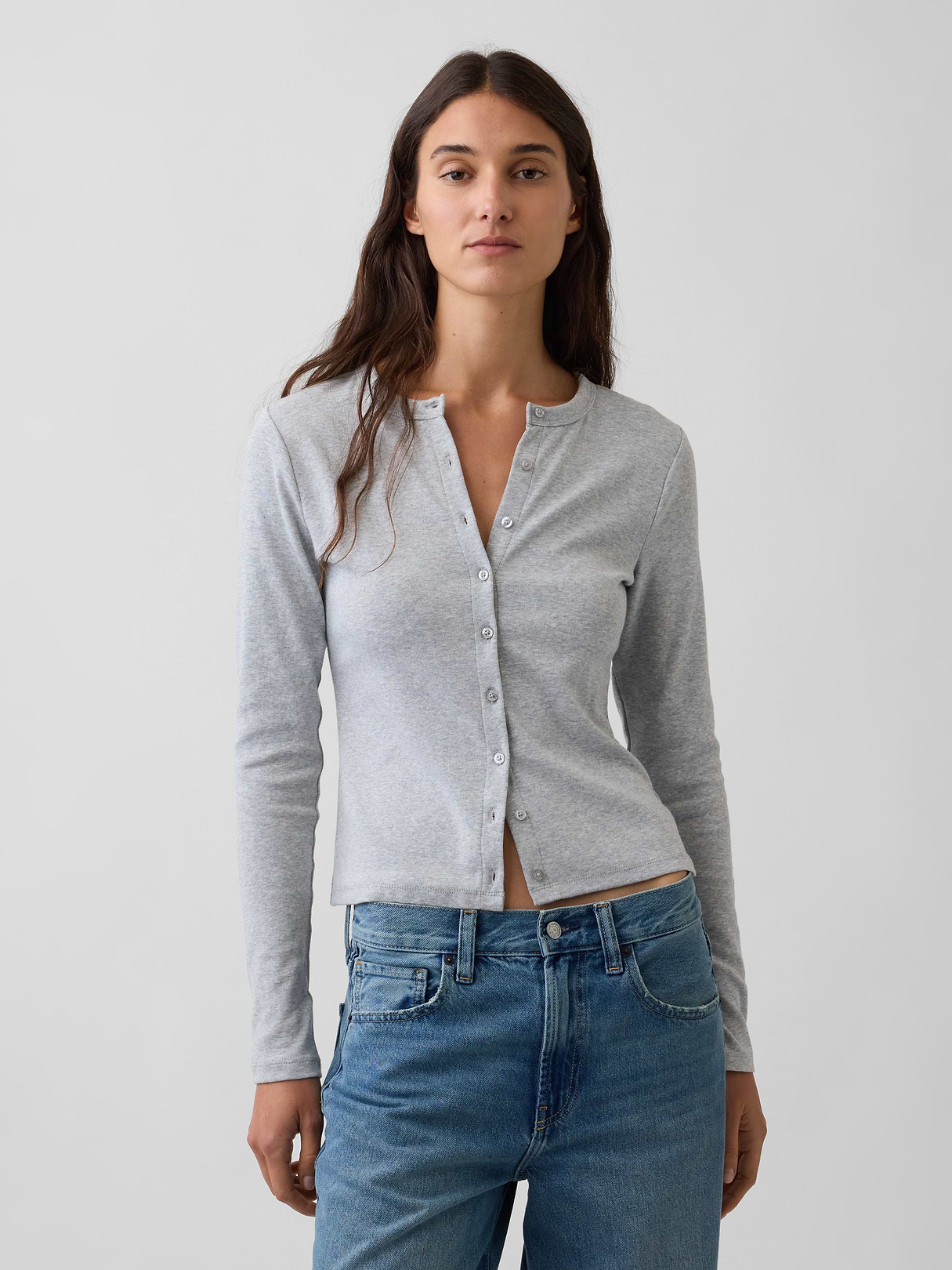 Modern Crewneck Cardigan - Light heather grey