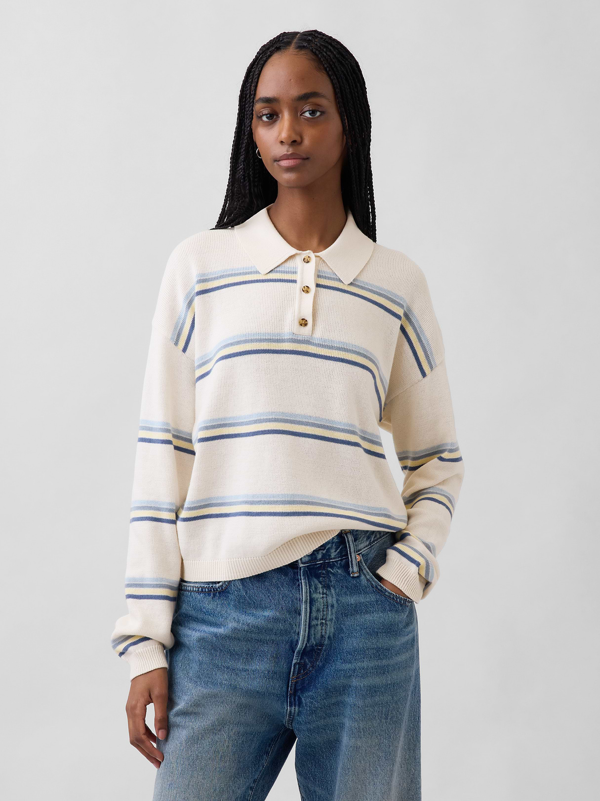 100% Cotton Relaxed Polo Sweater - Ivory beige & blue stripe