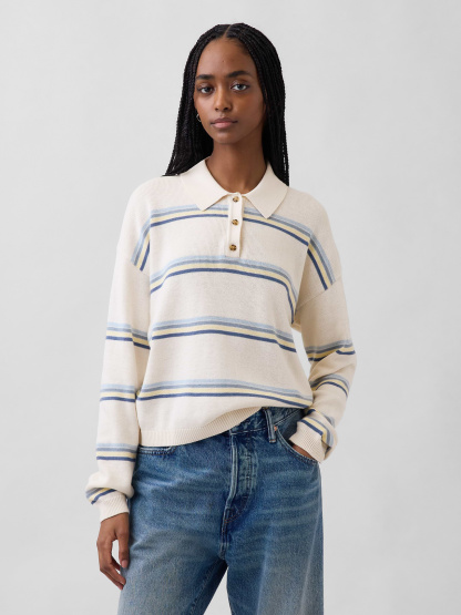 100% Cotton Relaxed Polo Sweater - Ivory beige & blue stripe