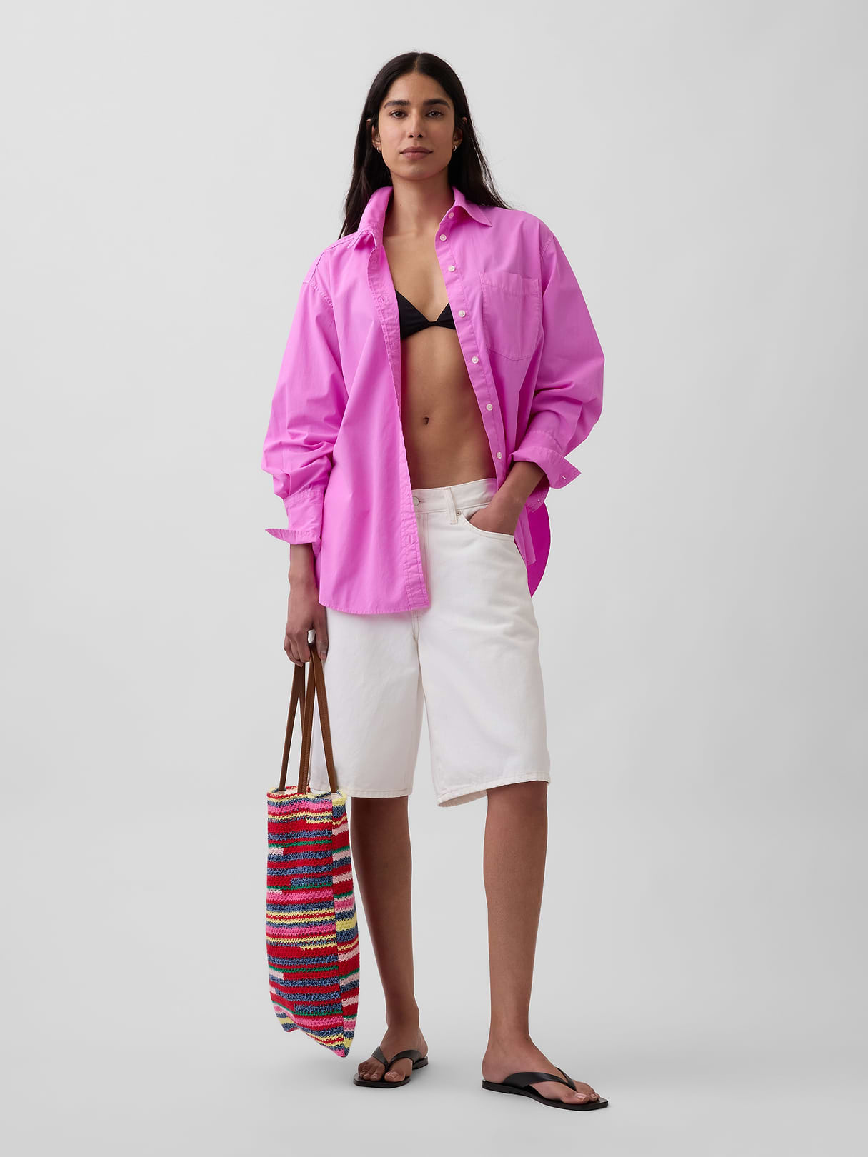 Organic Cotton Poplin Stripe Big Shirt - Neon pink glow