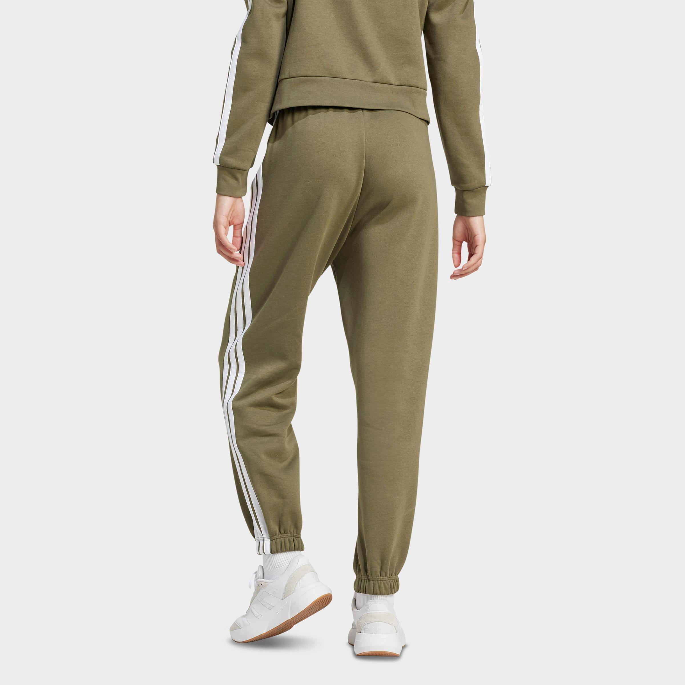 Women's adidas Essentials 3-Stripes Fleece Loose Pants - Olive Strata/White