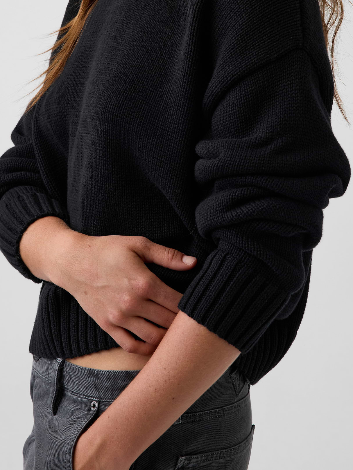 100% Cotton Oversized Crop Sweater - Basic black