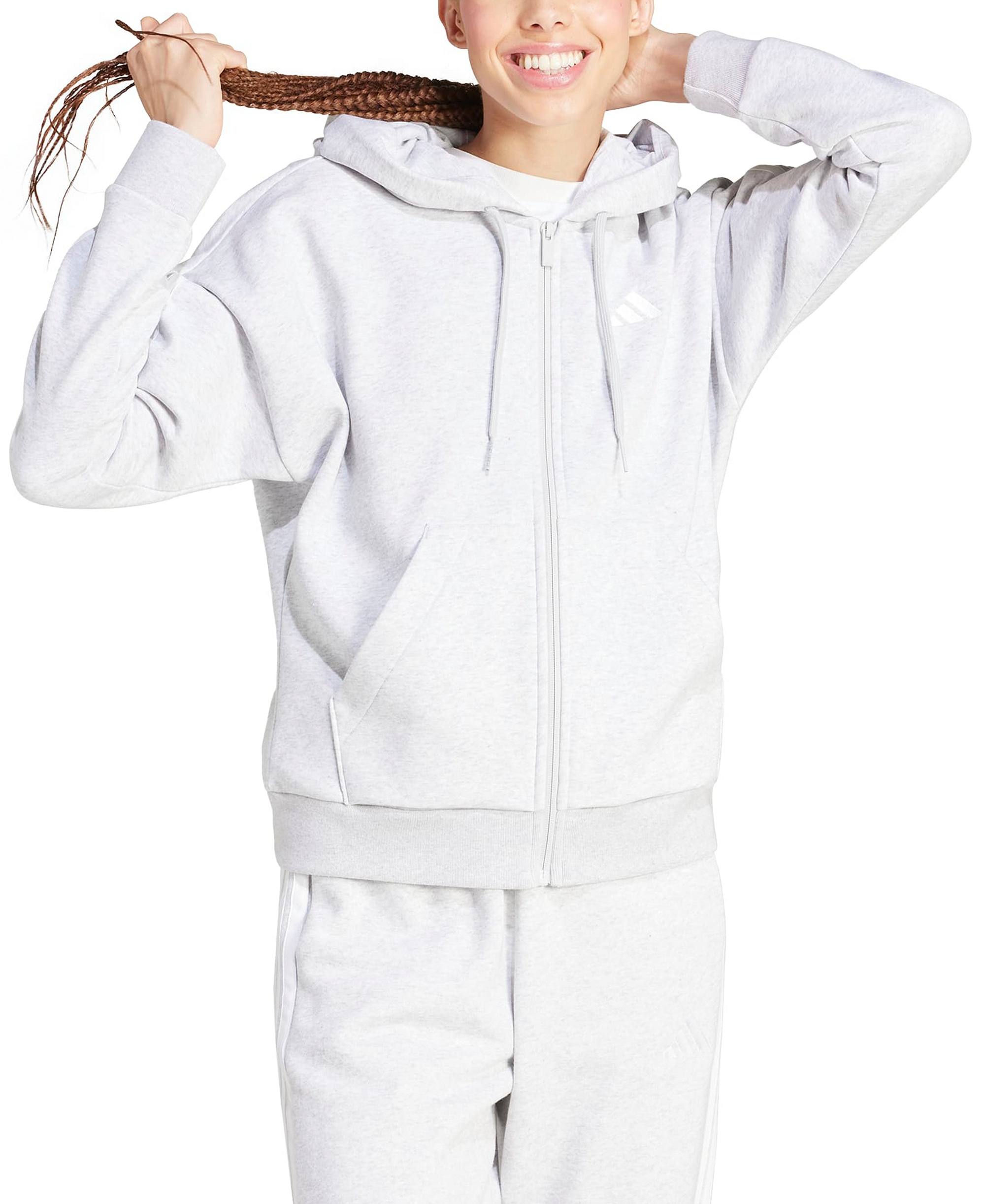 adidas Women's 3-Stripe Fleece Full-Zip Hoodie - Light Grey Heather/White