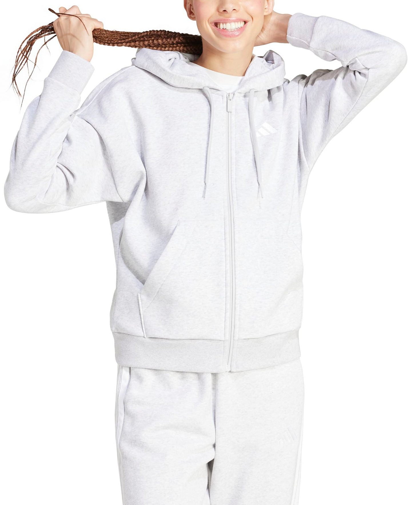 adidas Women's 3-Stripe Fleece Full-Zip Hoodie - Light Grey Heather/White