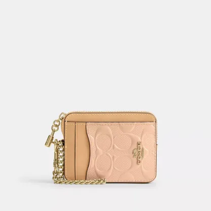 Zip Card Case In Signature Leather With Charm - Gold/Faded Blush