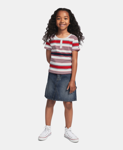 Tommy Hilfiger Girls' 7-16 Striped Ribbed Short-Sleeve Top - White/Navy/Red