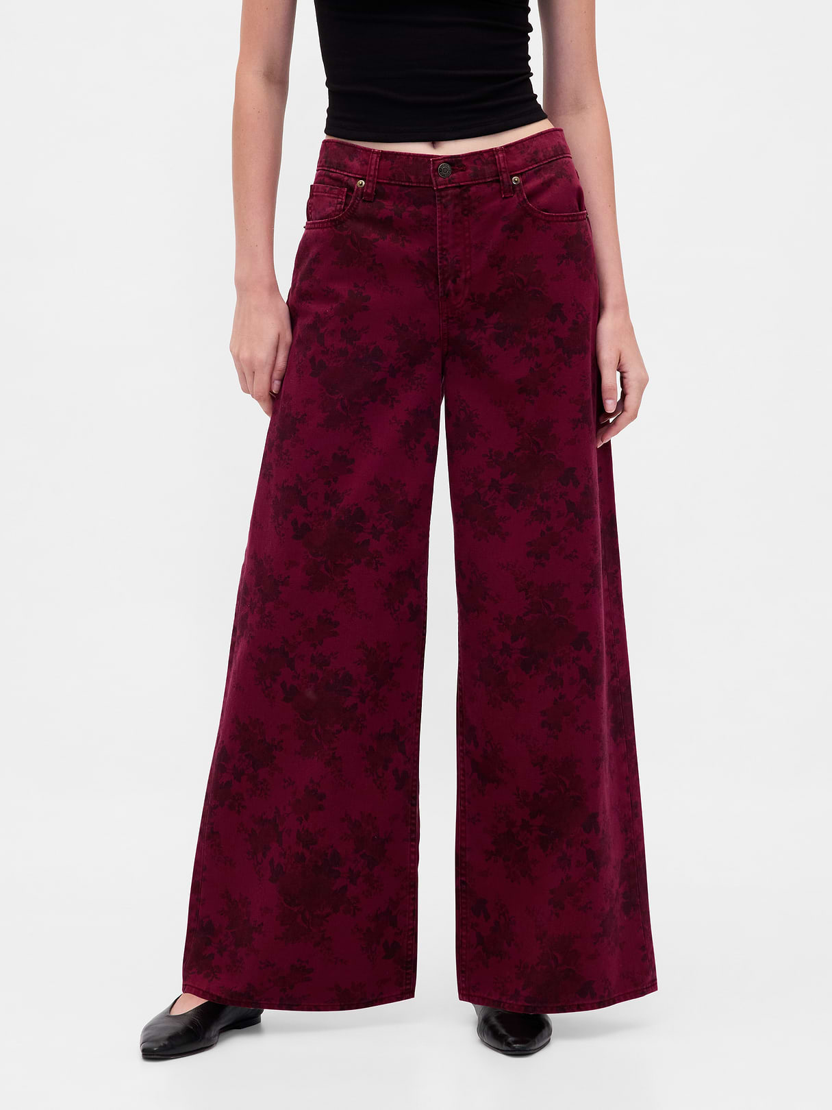 Mid Rise Denim Stripe Baggy Jeans - Red floral print