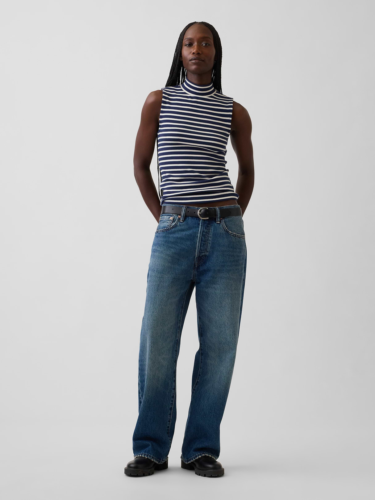 Modern Mockneck Tank Top - Navy blue stripe