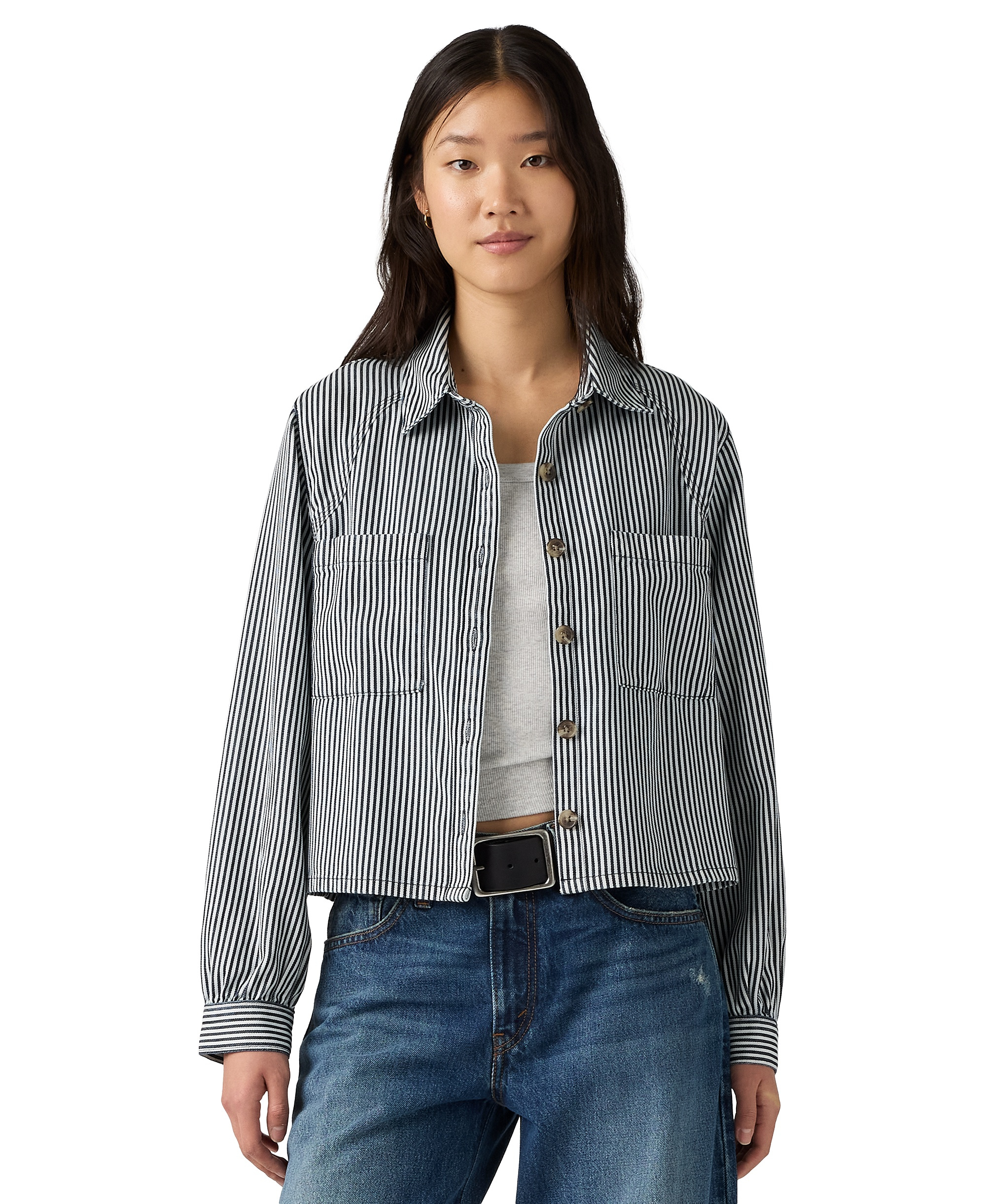 Levi's Women's Long-Sleeve Utility Crop Top - Afia Railroad Stripe Indigo