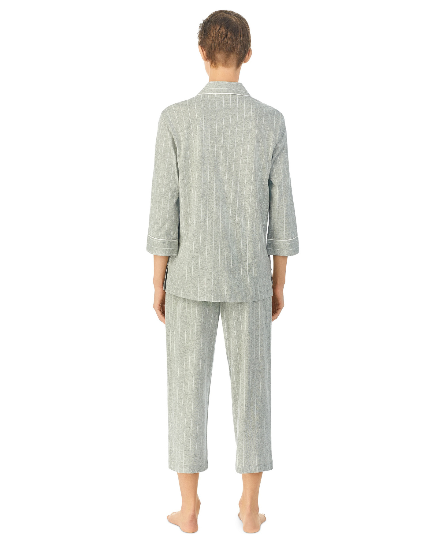 Lauren Ralph Lauren Womens 3/4 Sleeve Cotton Notch Collar Capri Pant Pajama Set - Grey Stripe