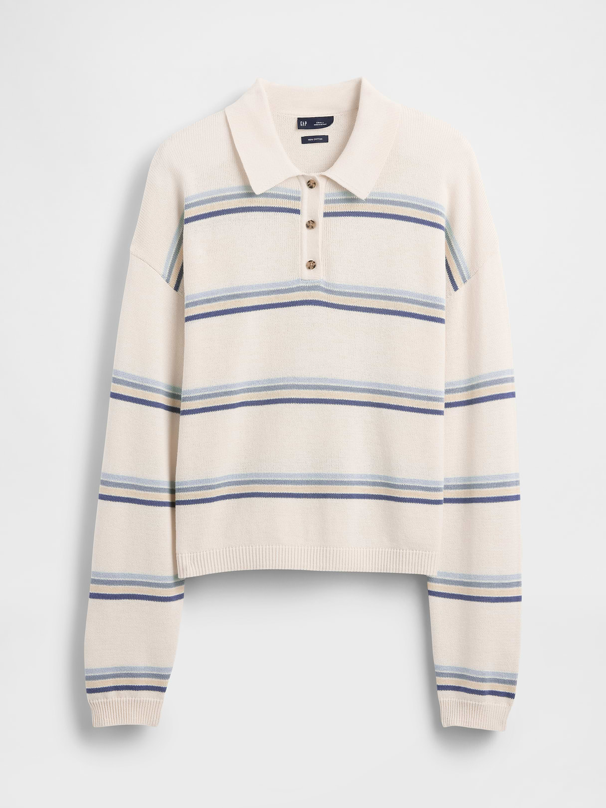 100% Cotton Relaxed Polo Sweater - Ivory beige & blue stripe