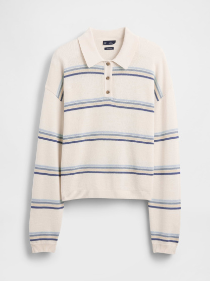 100% Cotton Relaxed Polo Sweater - Ivory beige & blue stripe