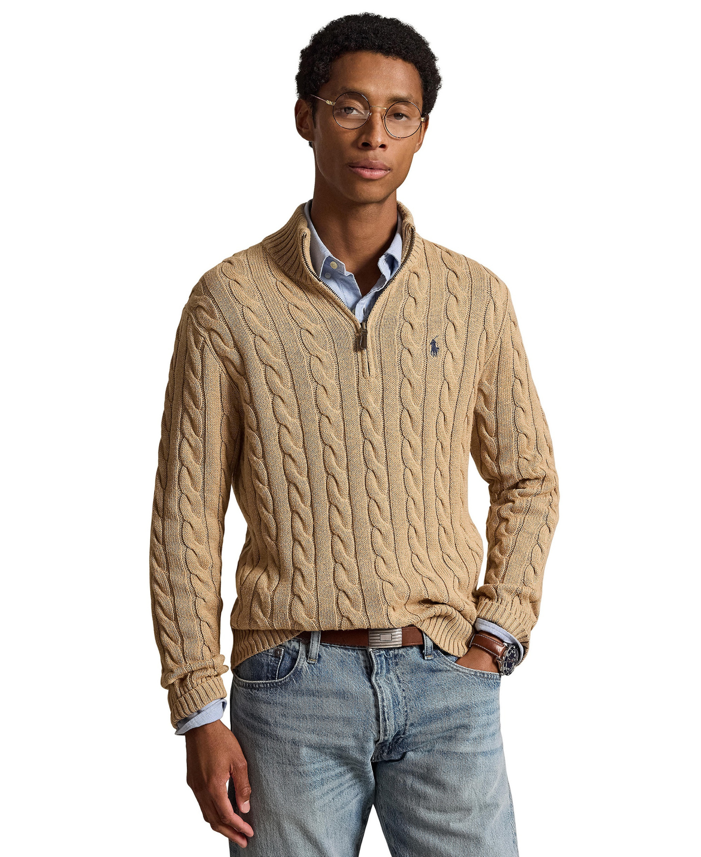 Polo Ralph Lauren Men's Cable-Knit Cotton Sweater - Camel Melange