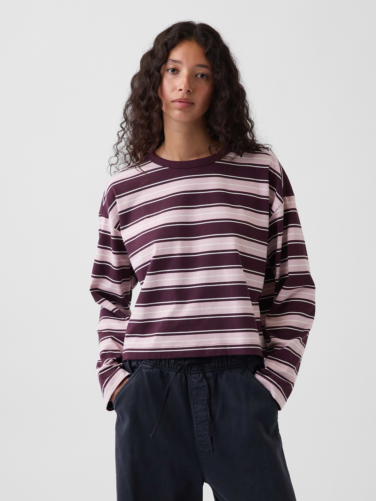 Knit Oversized Crop T-Shirt - Soft pink & burgundy stripe