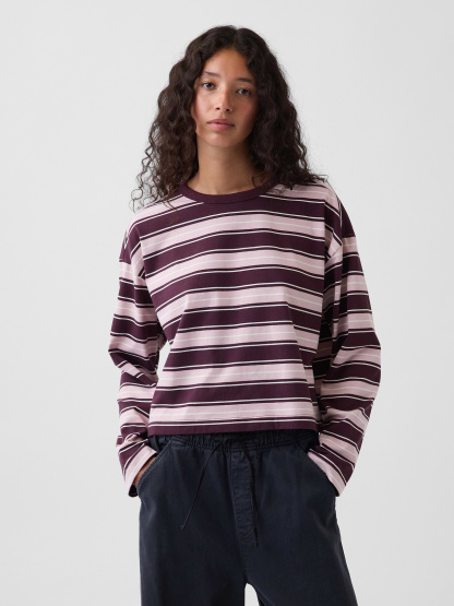 Knit Oversized Crop T-Shirt - Soft pink & burgundy stripe