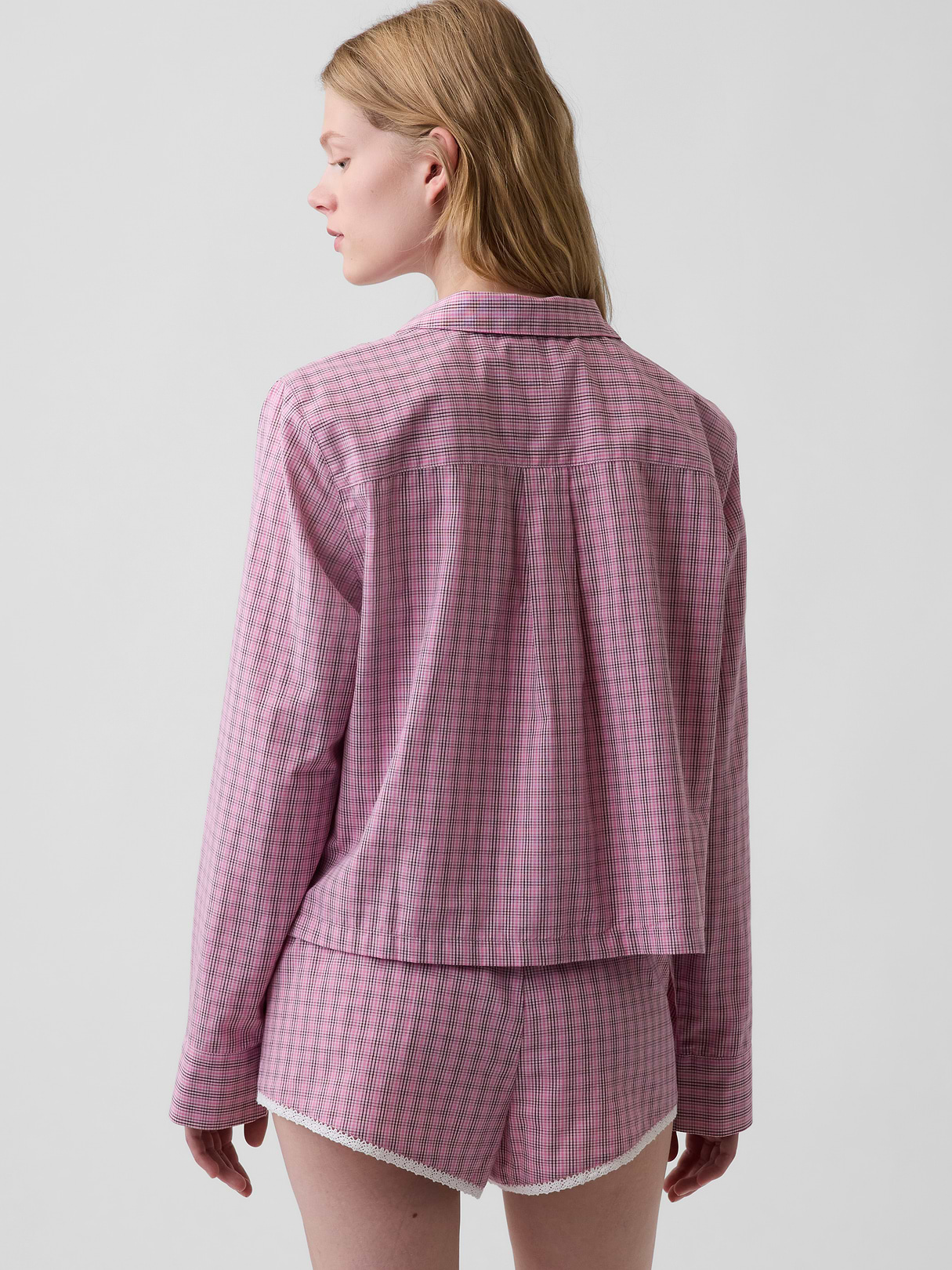 Poplin Oversized Crop PJ Shirt - Pink plaid