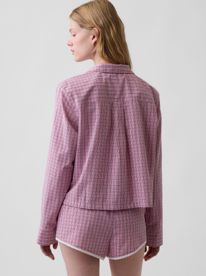Poplin Oversized Crop PJ Shirt - Pink plaid