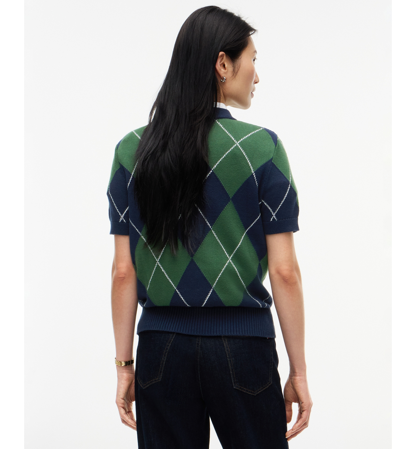 Tommy Hilfiger Women's Tartan Argyle Short-Sleeve Sweater - Argyle Deep Evergreen Dark Blue