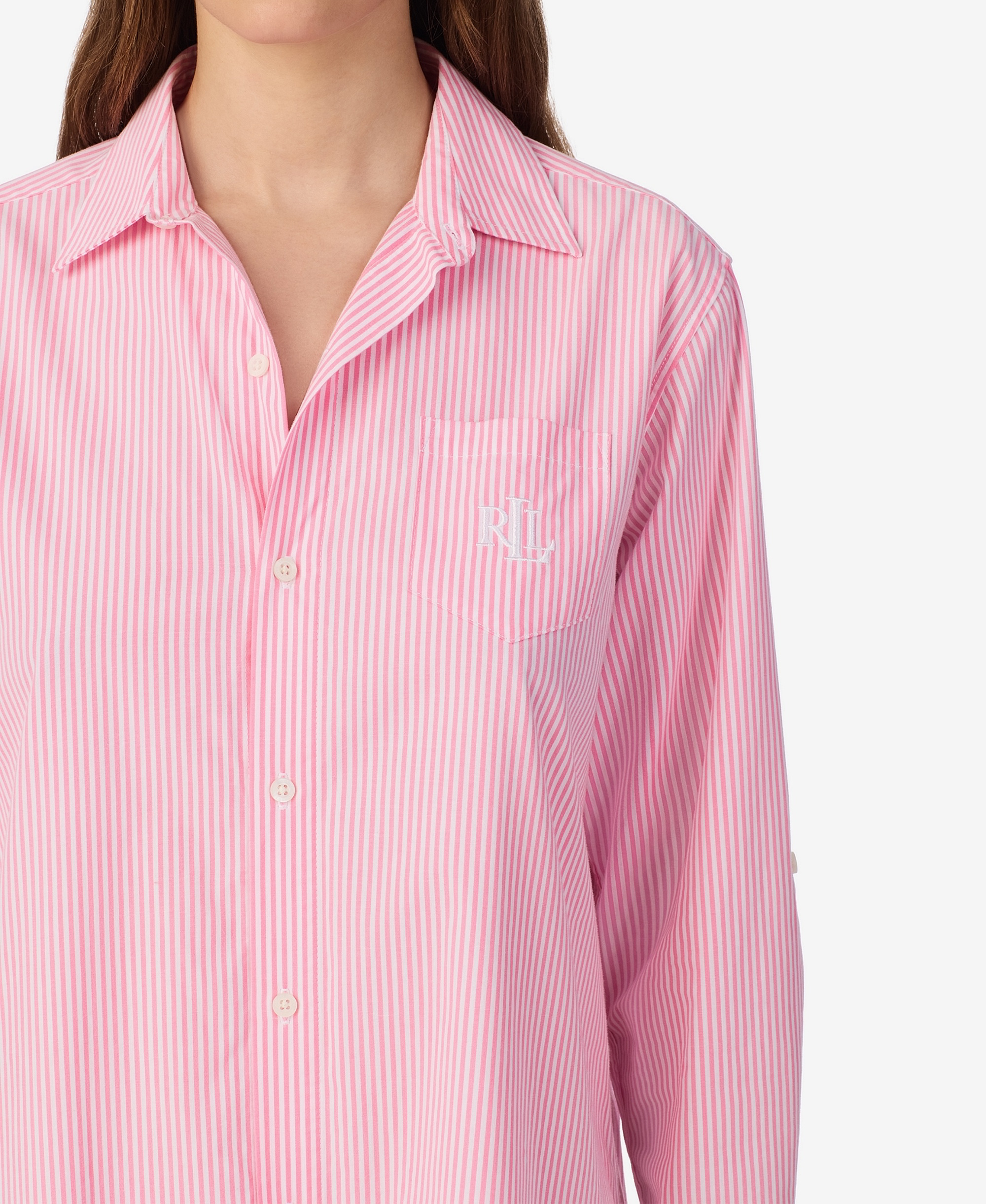 Lauren Ralph Lauren Women's Long-Sleeve Roll-Tab His Shirt Sleepshirt - Pink Stripe