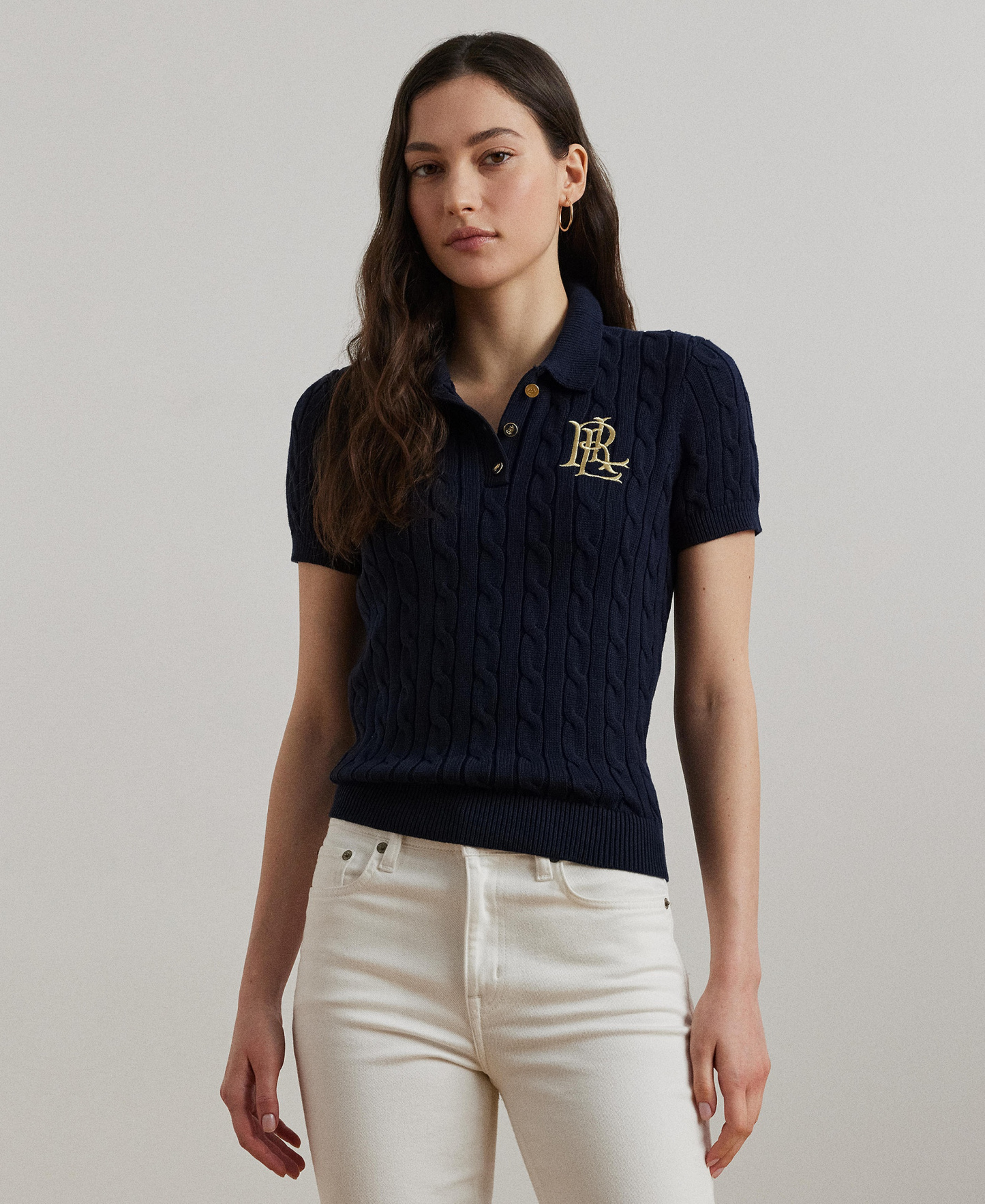 Lauren Ralph Lauren Women's Cable-Knit Sweater Polo - Lauren Navy