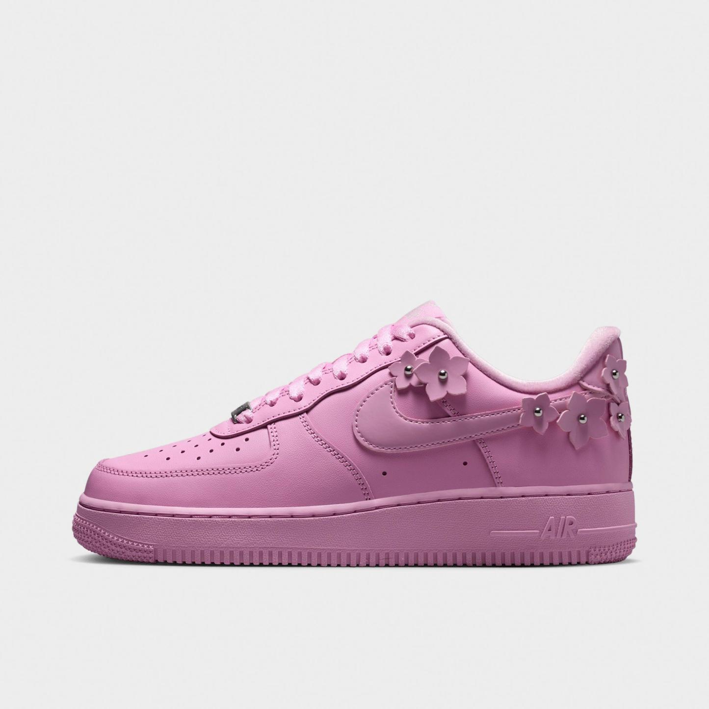 Women's Nithtke Air Force 1 '07 "Florette" Casual Shoes - Pink Rise/Pink Foam/Metallic Silver/Pink Rise - Left shoe facing left. Outside of the shoe.