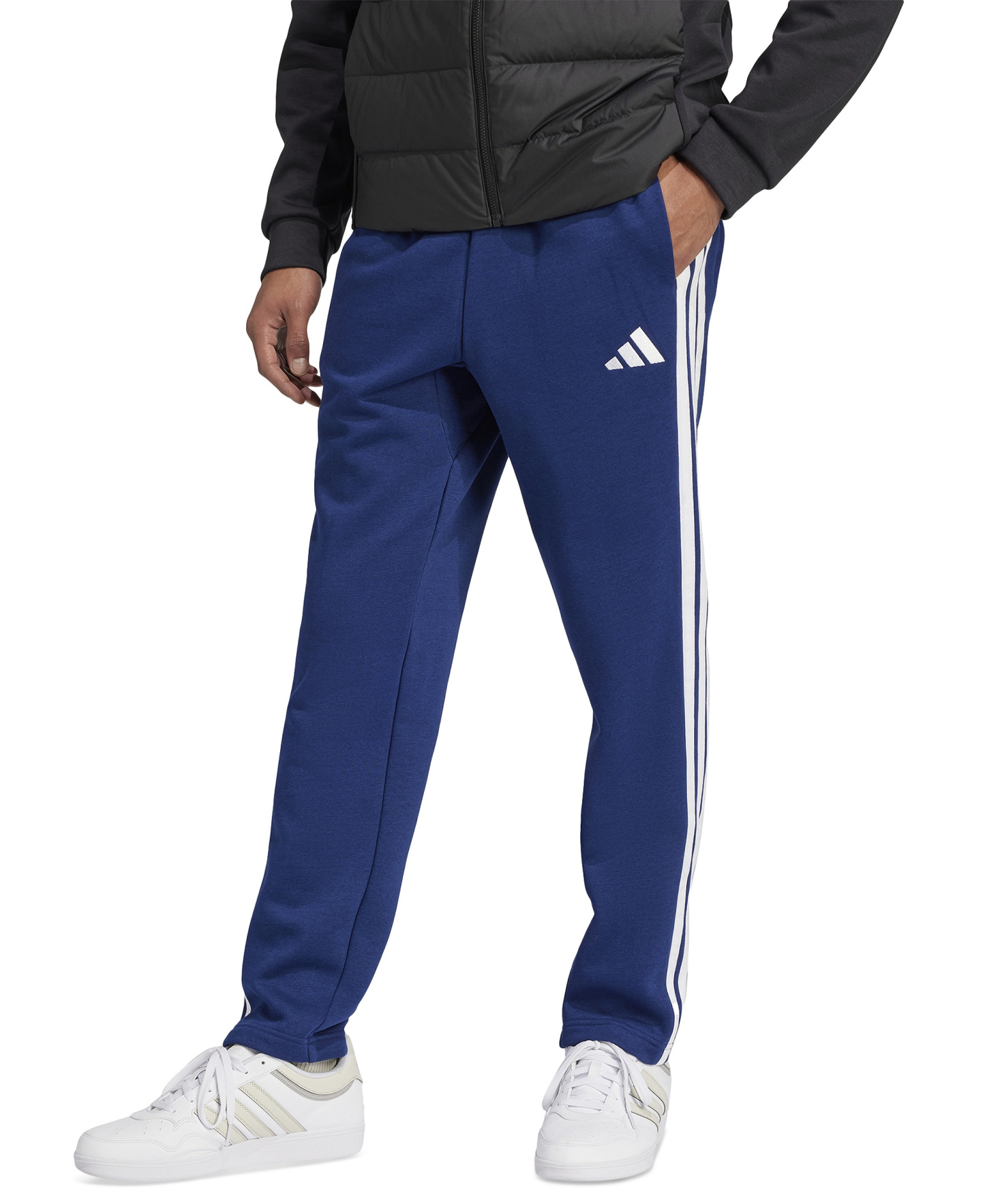 adidas Men's Essentials 3-Stripes Regular Open Hem Fleece Pants - Dark Blue/White