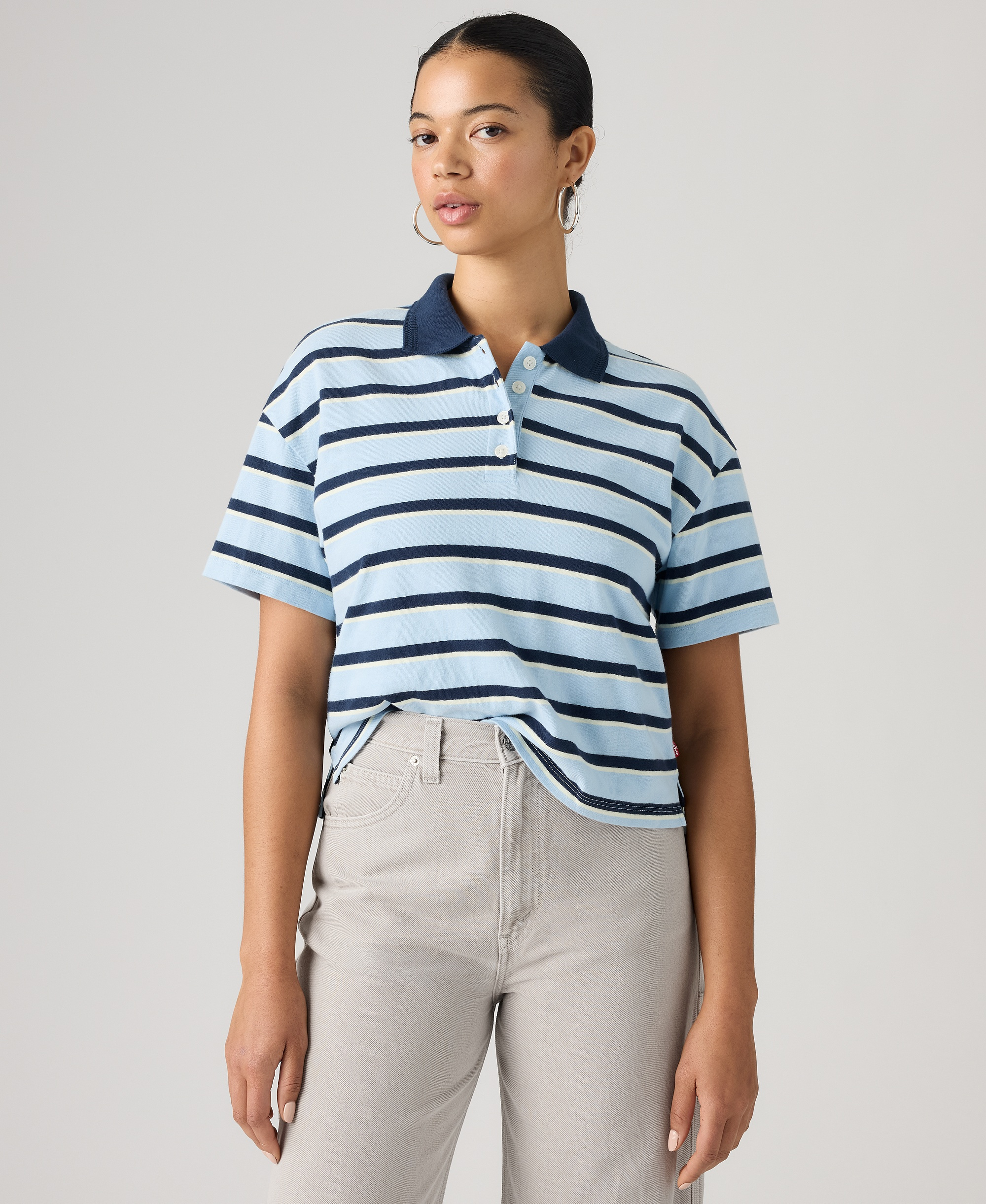 Levi's Women's Didion Rugby Short-Sleeve Collared Polo Shirt - Pepper Stripe Angel Falls