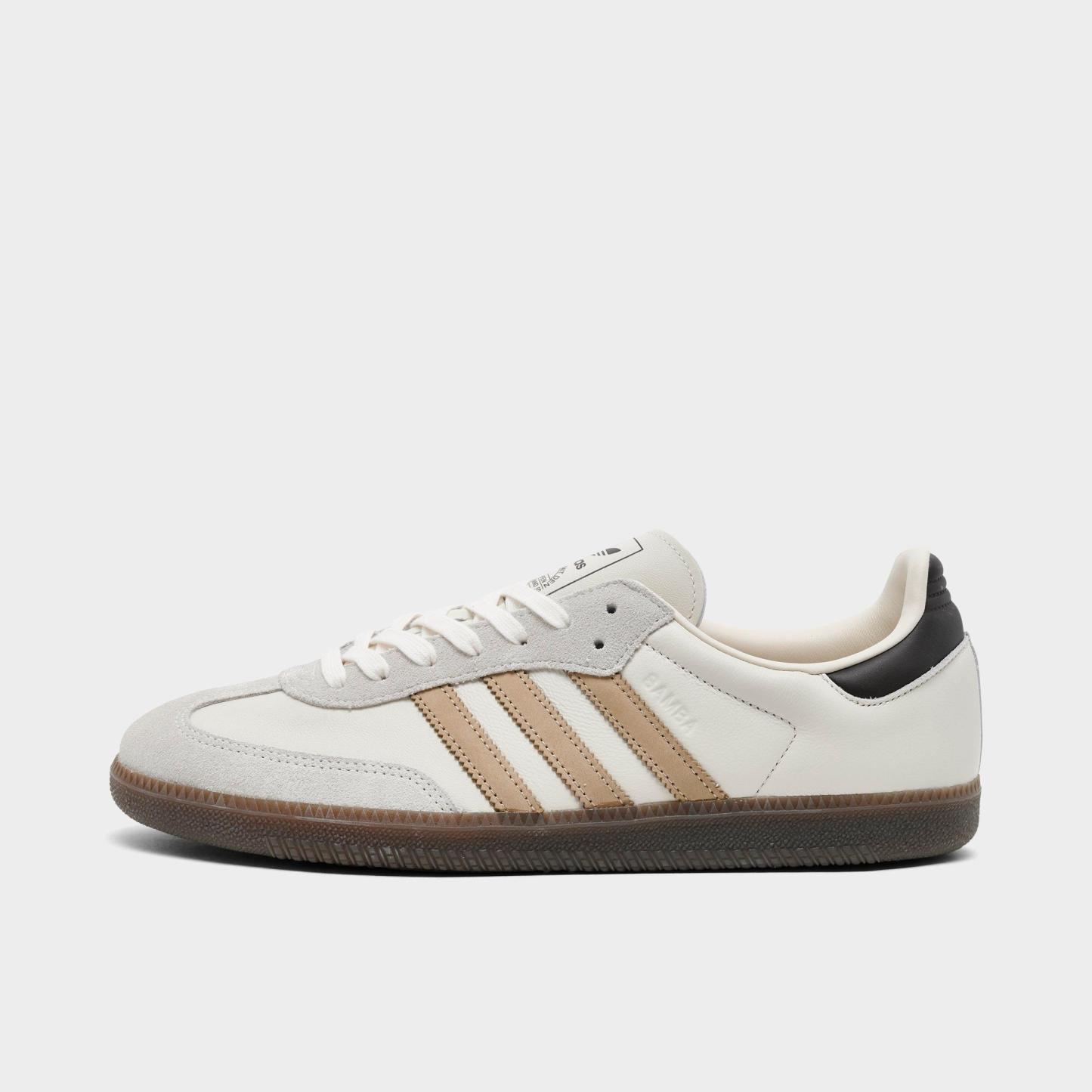 Men's adidas Originals Samba OG Casual Shoes - Part 2 - Chalk White/Magic Beige/Aurora Coffee - Left shoe facing left. Outside of the shoe.