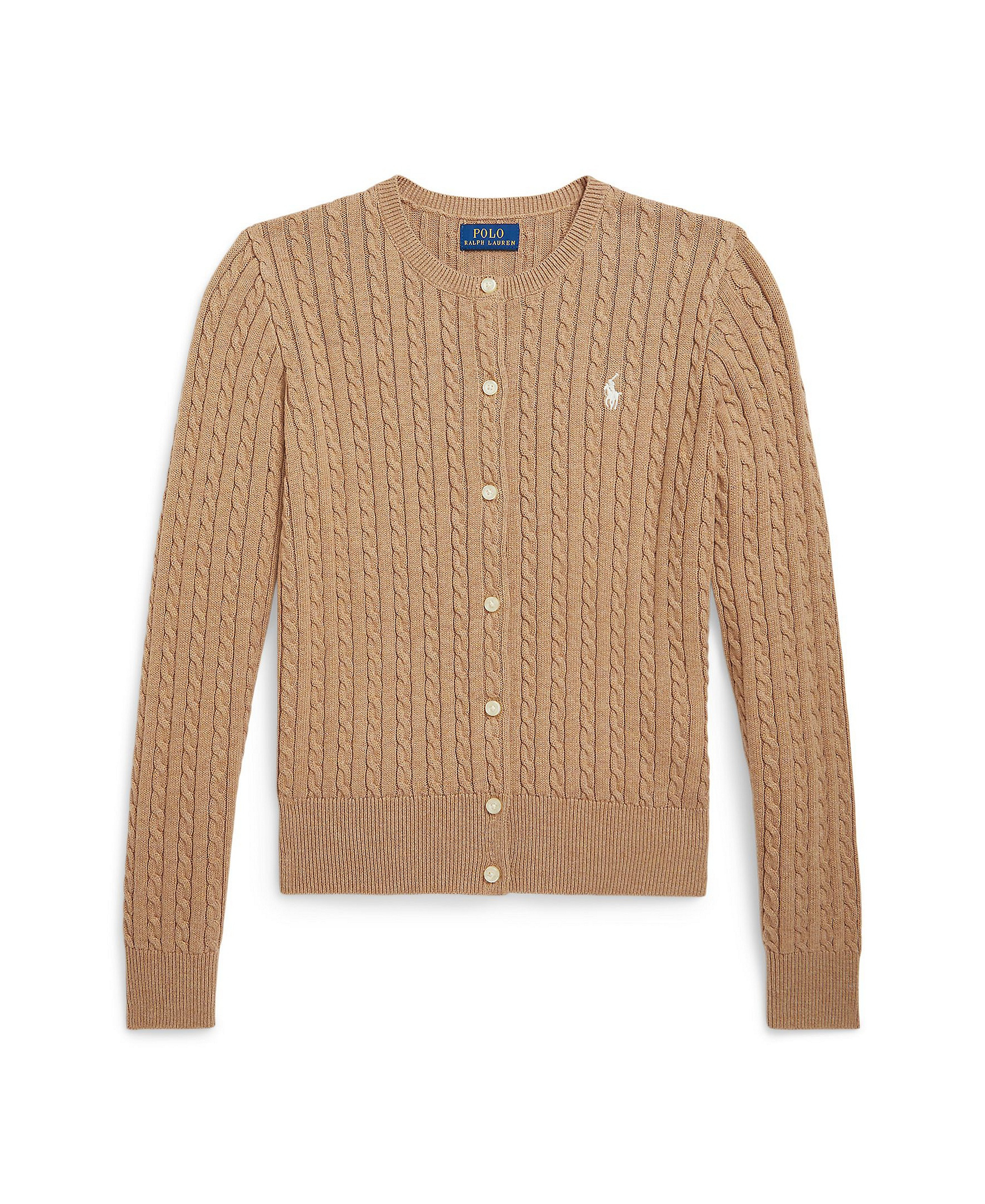 Polo Ralph Lauren Girls' 7-16 Mini-Cable Cardigan - Camel Heather